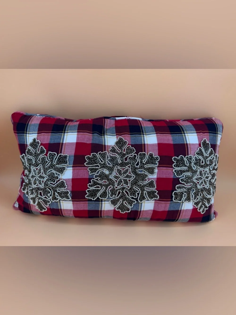 BELLA LUX Plaid Christmas Lumbar Cotton Pillow w/ Large Beaded Snowflakes